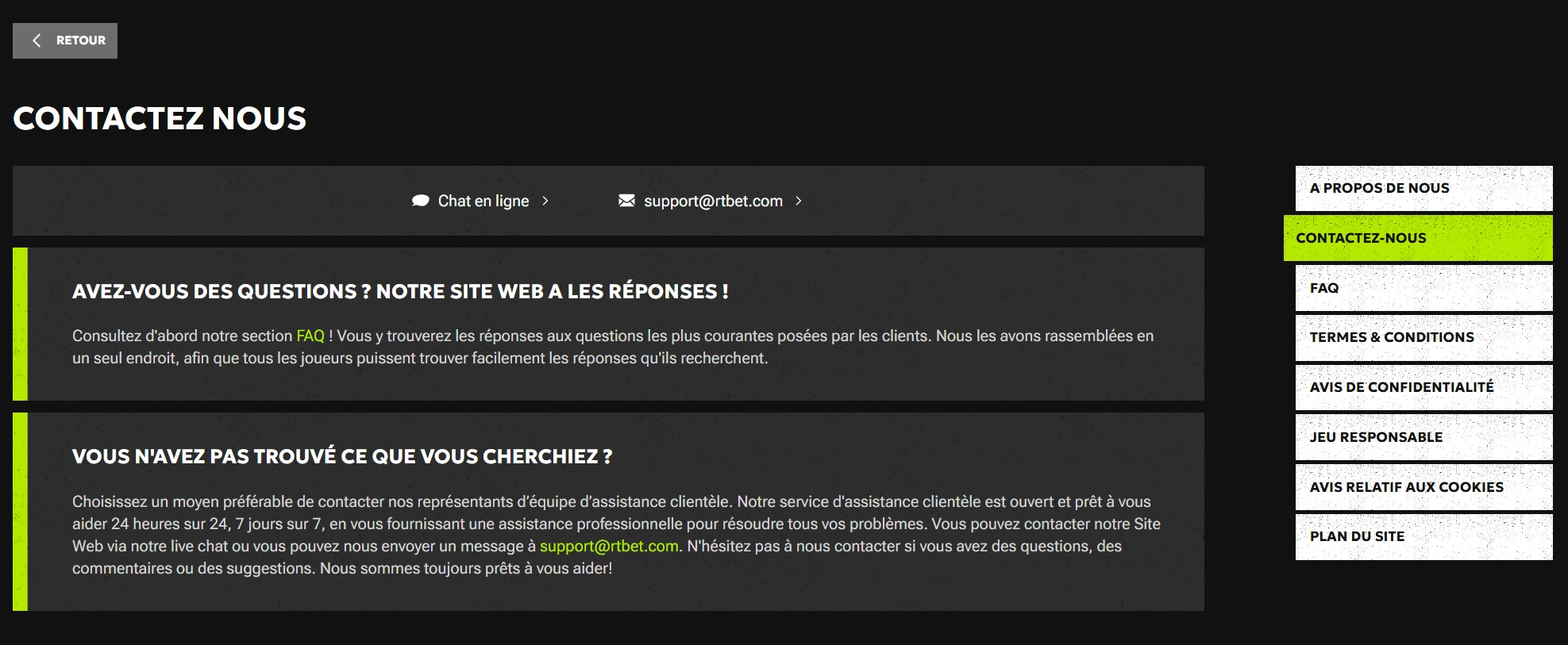 RTBet Support client et langues